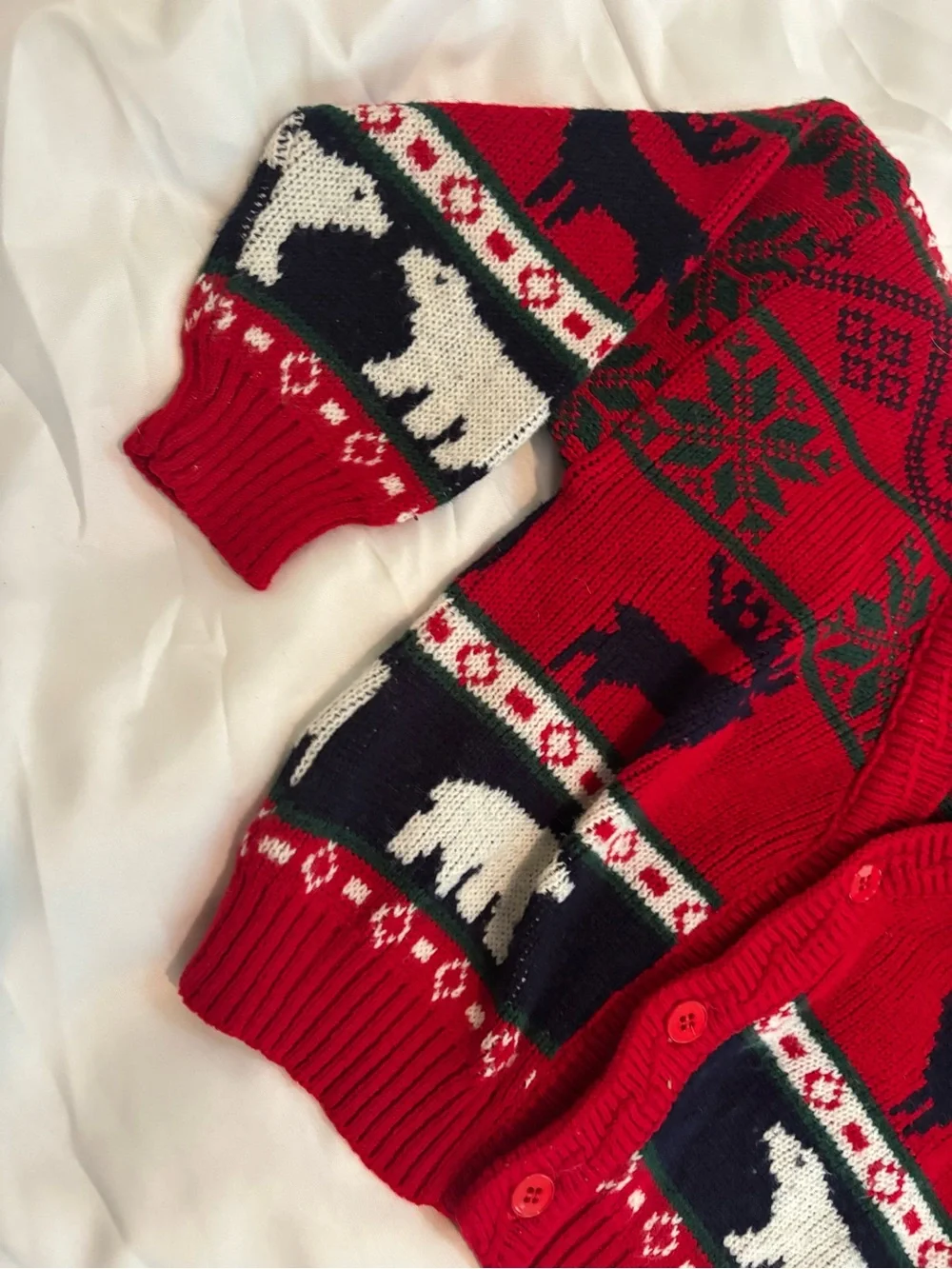 Vintage okie dokie Red and Navy Holiday Knit Cardigan with Animal Motif 3t boy